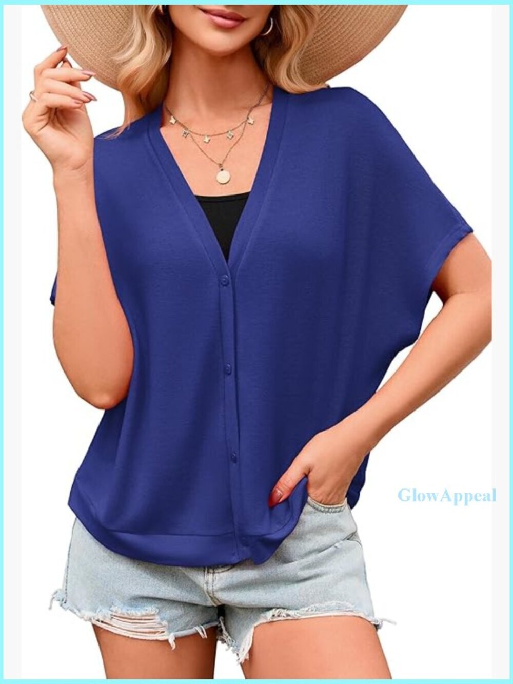 Oversized Batwing Short Sleeve Cardigan Lightweight Button Down V Neck Top